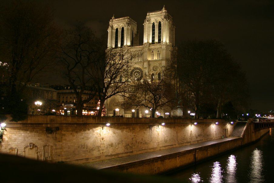 Вид на ночной Собор Парижской Богоматери